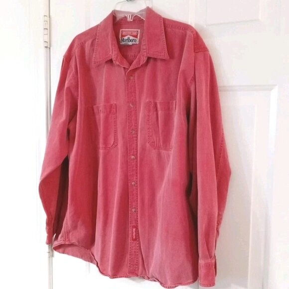 Vtg 90s Marlboro Adventure Team Faded Red Button Up Long Sleeve Shirt Men's XL - Picture 2 of 7